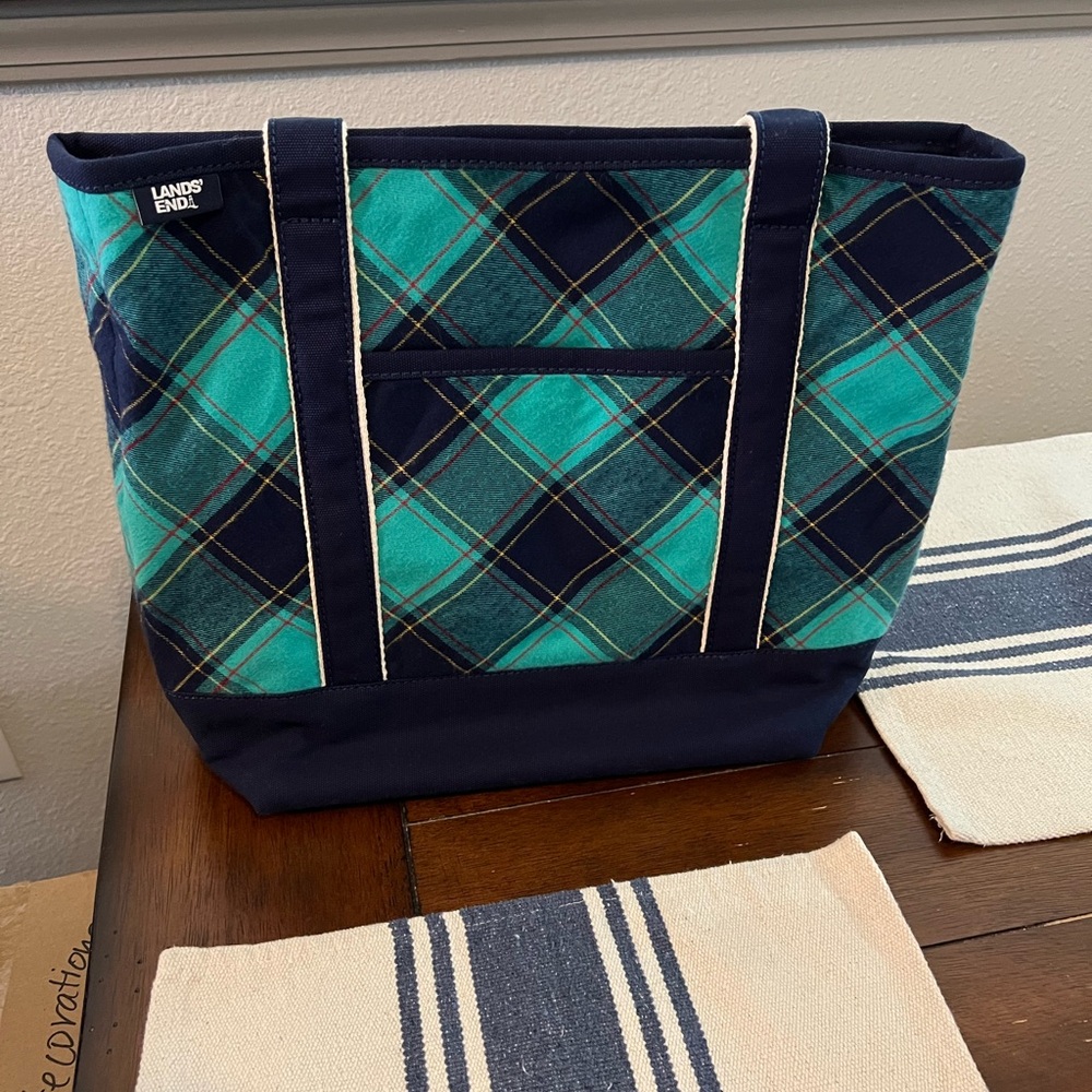 Lands’ End Canvas Tote Blue and Teal Plaid